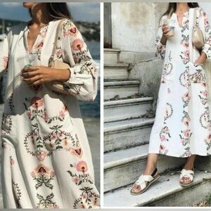 Zara Floral Kaftan Dress Print Midi Linen Cotton Blend size XS
